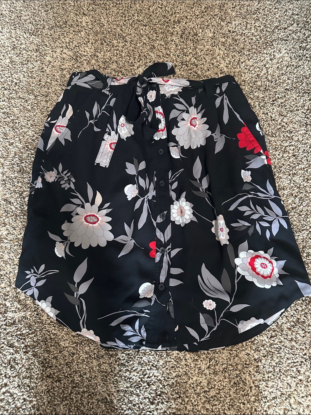 LOFT Black Floral Button-Front Skirt with Tie Waist